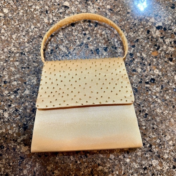 SASHA NEW YORK, GOLD SATIN, BEADED HANDBAG WITH HAND STRAP OR SHOULDER STRAP. - Picture 6 of 7